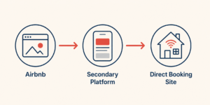 Diagram showing a diversified booking strategy: Airbnb for discovery, a secondary platform, and a direct booking site