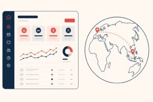 Split view of the PinasBnb dashboard and a world map, showing remote property management