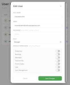 PinasBnb dashboard screen for inviting a local co-host with role-based permissions