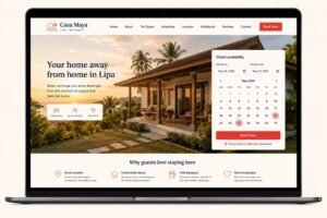 Mockup of a PinasBnb-powered direct booking website with calendar and booking form