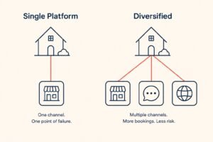 Diagram comparing a single-platform rental business to a diversified one across Airbnb, Facebook, and direct booking