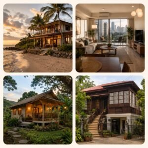 Collage of Philippine rental property types: beach house, condo, farm stay, and heritage home